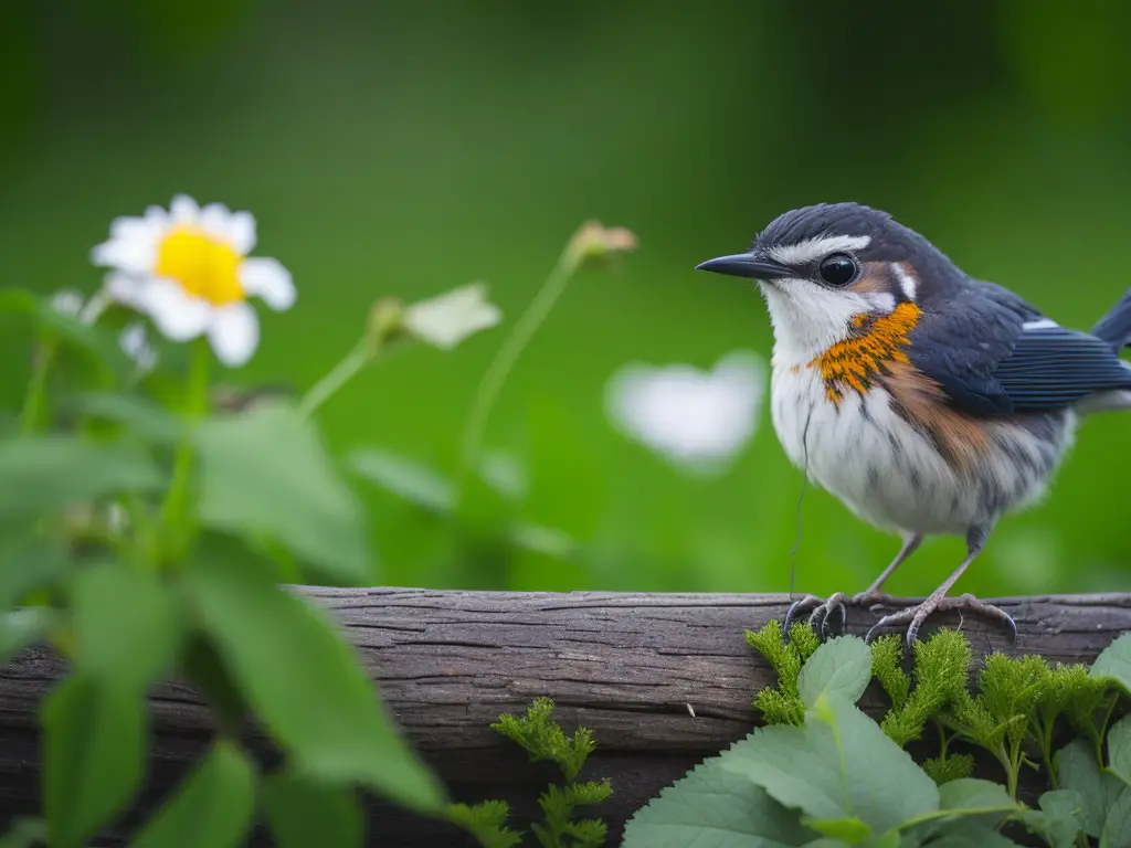 Pájaro cantando en la naturaleza rodeado de flores y follaje