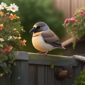 Consejos para cuidar de tus pájaros cautivos y evitar el estrés según la imagen: "Mujer alimentando a su pájaro con semillas y agua fresca".