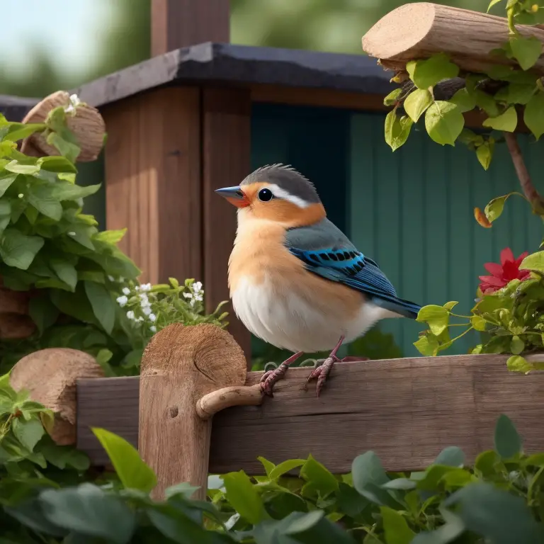 Pájaro posado en maceta decorada con ramas y semillas