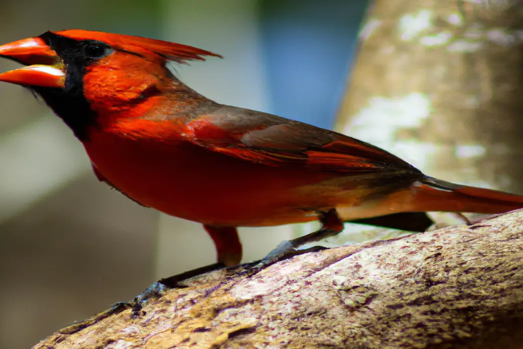 Pájaro rojo en árbol.